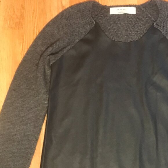 ZARA Mixed Media Faux Leather Knit Crochet Long Tunic Sweater Black Gray Medium - Picture 2 of 11